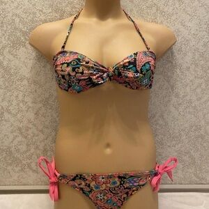Victoria's Secret Multi-Color Paisley Halter Tie Bikini with Pink Ties